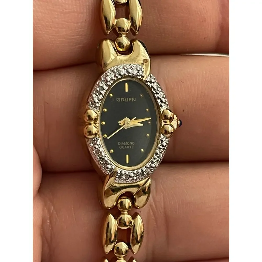 Gruen Diamond Quartz Women’s Gold Tone Black Dial Bracelet Watch Japan